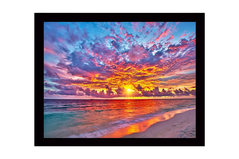 Indrammet lærred i træ - 41x56 cm - Farverig solnedgang over havet, Orange / Pink / Blå