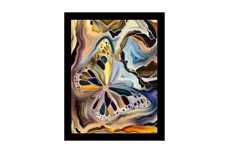 Indrammet lærred i træ - 41x56 cm - Farverig sommerfugl i abstrakt komposition, Guld / Blå / Sort