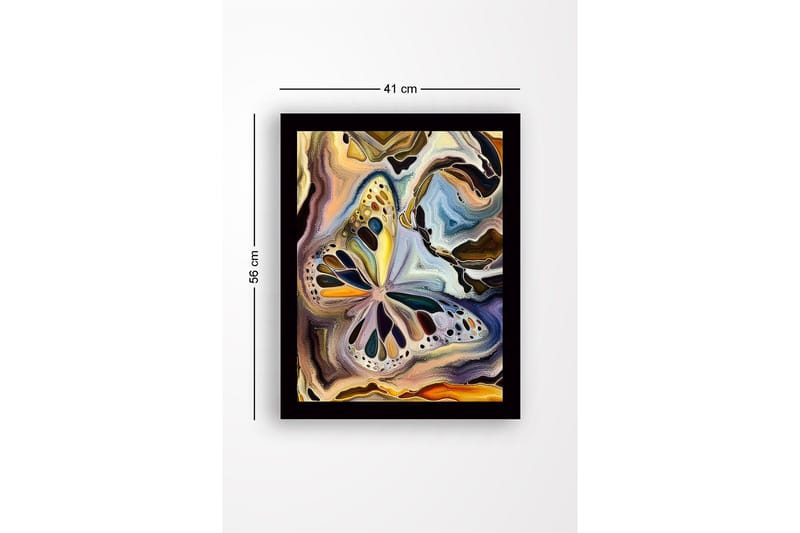 Indrammet lærred i træ - 41x56 cm - Farverig sommerfugl i abstrakt komposition - Guld / Blå / Sort - Boligtilbehør - Billeder & kunst