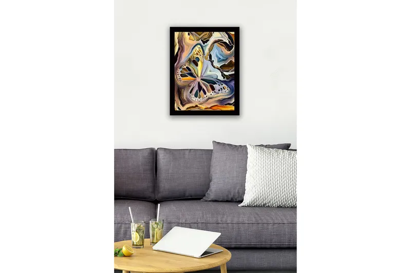 Indrammet lærred i træ - 41x56 cm - Farverig sommerfugl i abstrakt komposition - Guld / Blå / Sort - Boligtilbehør - Billeder & kunst