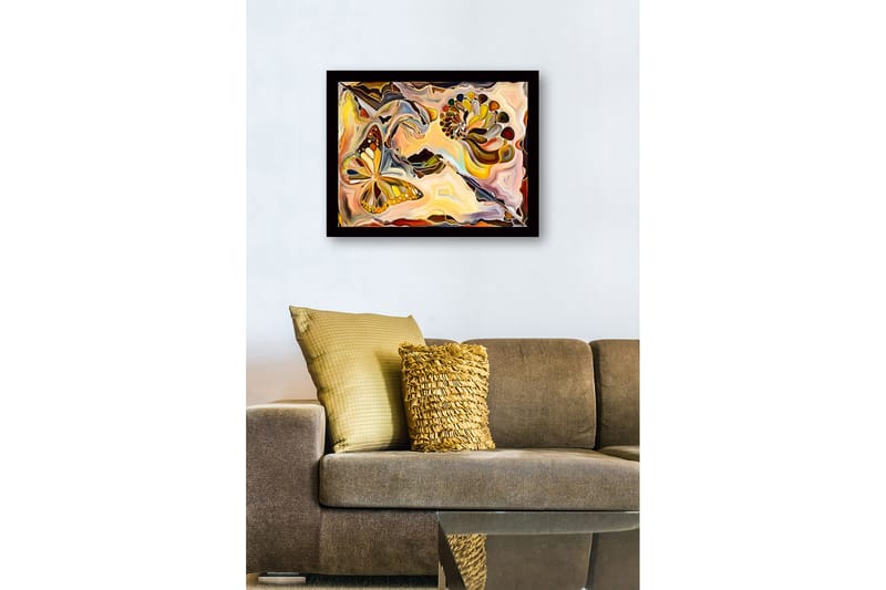 Indrammet lærred i træ - 41x56 cm - Farverig sommerfugl i en abstrakt komposition med muslingeskaller - Guld / Orange / Brun - Boligtilbehør - Billeder & kunst