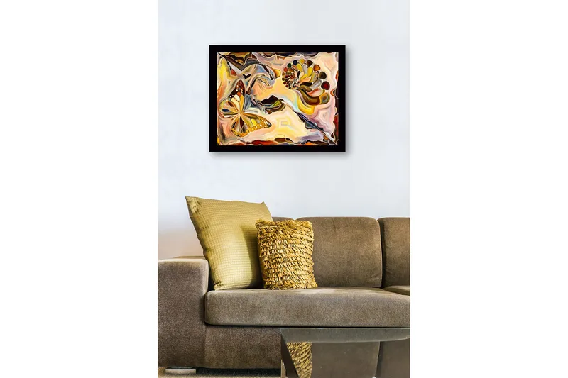 Indrammet lærred i træ - 41x56 cm - Farverig sommerfugl i en abstrakt komposition med muslingeskaller - Guld / Orange / Brun - Boligtilbehør - Billeder & kunst