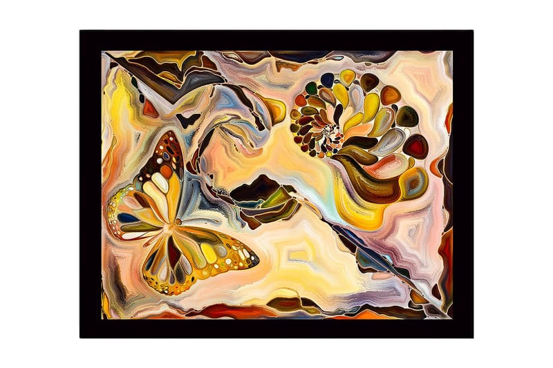 Indrammet lærred i træ - 41x56 cm - Farverig sommerfugl i en abstrakt komposition med muslingeskaller, Guld / Orange / Brun