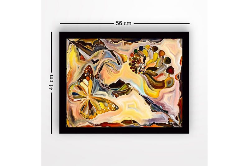 Indrammet lærred i træ - 41x56 cm - Farverig sommerfugl i en abstrakt komposition med muslingeskaller - Guld / Orange / Brun - Boligtilbehør - Billeder & kunst
