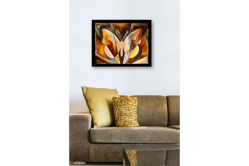 Indrammet lærred i træ - 41x56 cm - Farverig sommerfugl med abstrakte former - Guld / Brun / Hvid - Boligtilbehør - Billeder & kunst