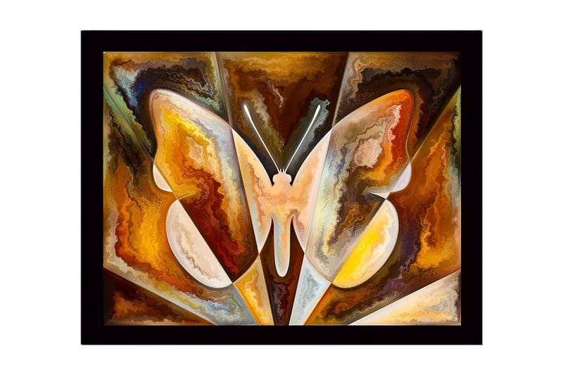 Indrammet lærred i træ - 41x56 cm - Farverig sommerfugl med abstrakte former, Guld / Brun / Hvid