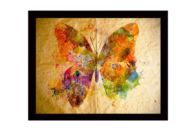 Indrammet lærred i træ - 41x56 cm - Farverig sommerfugl med abstrakte mønstre, Orange / Grøn / Lilla