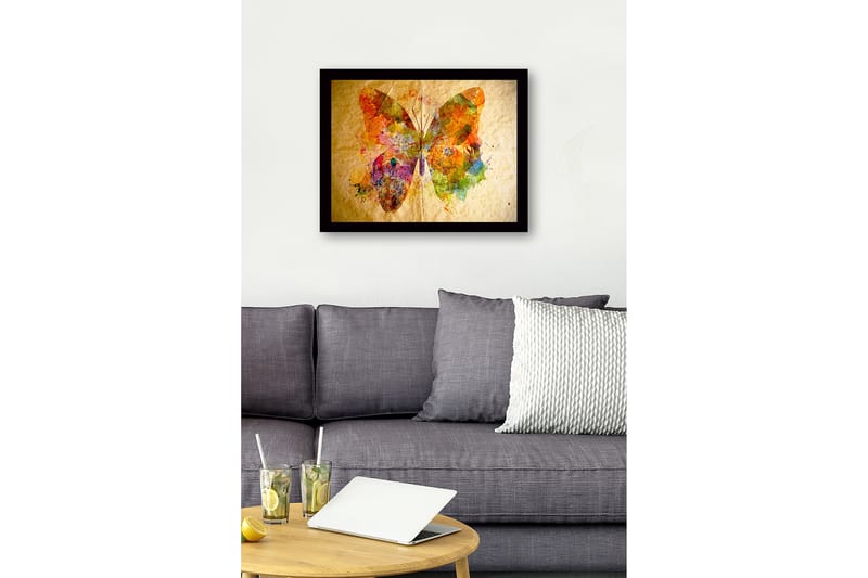 Indrammet lærred i træ - 41x56 cm - Farverig sommerfugl med abstrakte mønstre - Orange / Grøn / Lilla - Boligtilbehør - Billeder & kunst