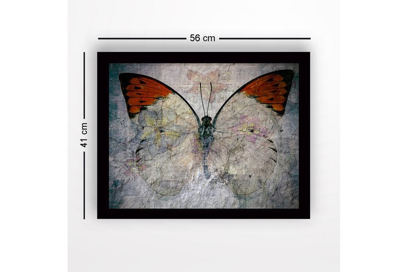 Indrammet lærred i træ - 41x56 cm - Farverig sommerfugl med blomstermotiv - Orange / Lysegrå / Grøn - Boligtilbehør - Billeder & kunst