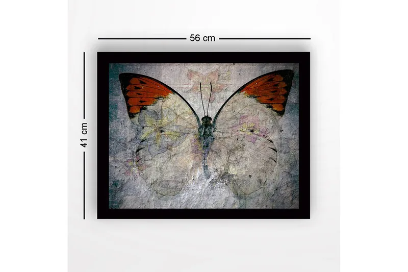Indrammet lærred i træ - 41x56 cm - Farverig sommerfugl med blomstermotiv - Orange / Lysegrå / Grøn - Boligtilbehør - Billeder & kunst