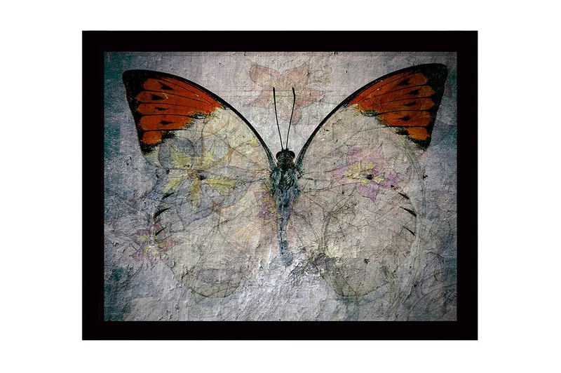 Indrammet lærred i træ - 41x56 cm - Farverig sommerfugl med blomstermotiv, Orange / Lysegrå / Grøn