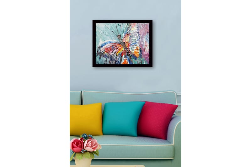 Indrammet lærred i træ - 41x56 cm - Farverig sommerfugl med detaljeret tekstur - Blå / Rød / Orange - Boligtilbehør - Billeder & kunst