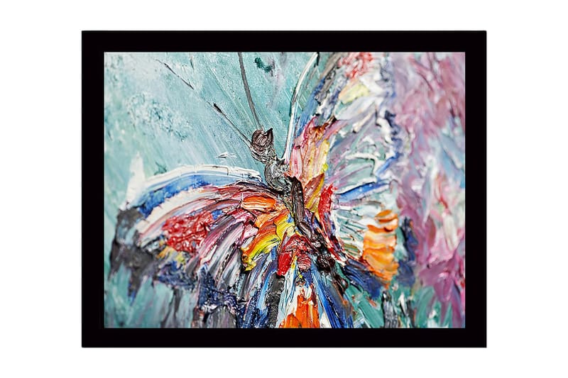 Indrammet lærred i træ - 41x56 cm - Farverig sommerfugl med detaljeret tekstur, Blå / Rød / Orange