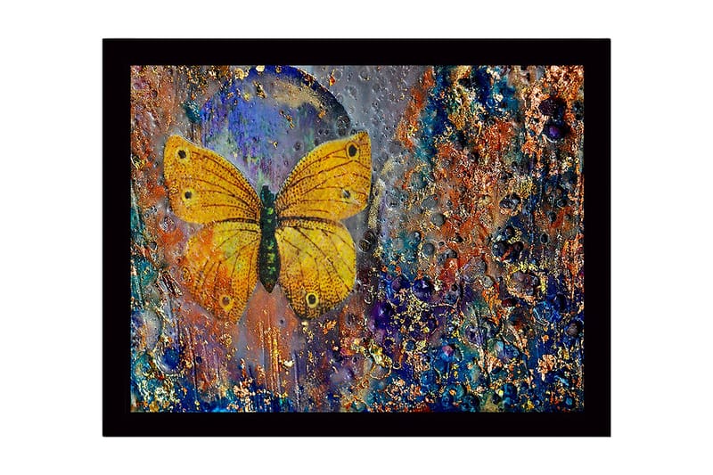 Indrammet lærred i træ - 41x56 cm - Farverig sommerfugl med detaljeret tekstur i baggrunden, Guld / Blå / Orange