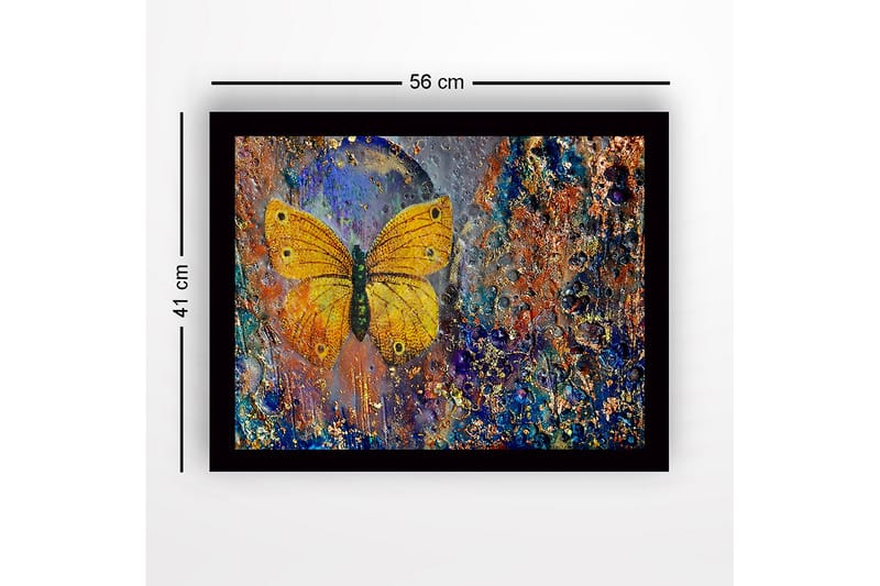 Indrammet lærred i træ - 41x56 cm - Farverig sommerfugl med detaljeret tekstur i baggrunden - Guld / Blå / Orange - Boligtilbehør - Billeder & kunst