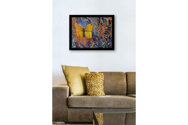 Indrammet lærred i træ - 41x56 cm - Farverig sommerfugl med detaljeret tekstur i baggrunden - Guld / Blå / Orange - Boligtilbehør - Billeder & kunst