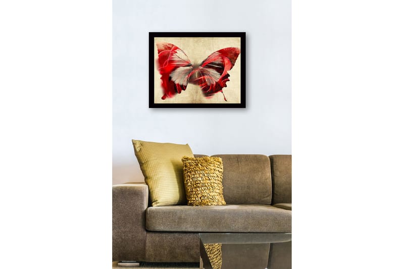 Indrammet lærred i træ - 41x56 cm - Farverig sommerfugl med elementer af ansigter - Rød / Grå / Beige - Boligtilbehør - Billeder & kunst