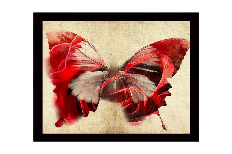 Indrammet lærred i træ - 41x56 cm - Farverig sommerfugl med elementer af ansigter, Rød / Grå / Beige