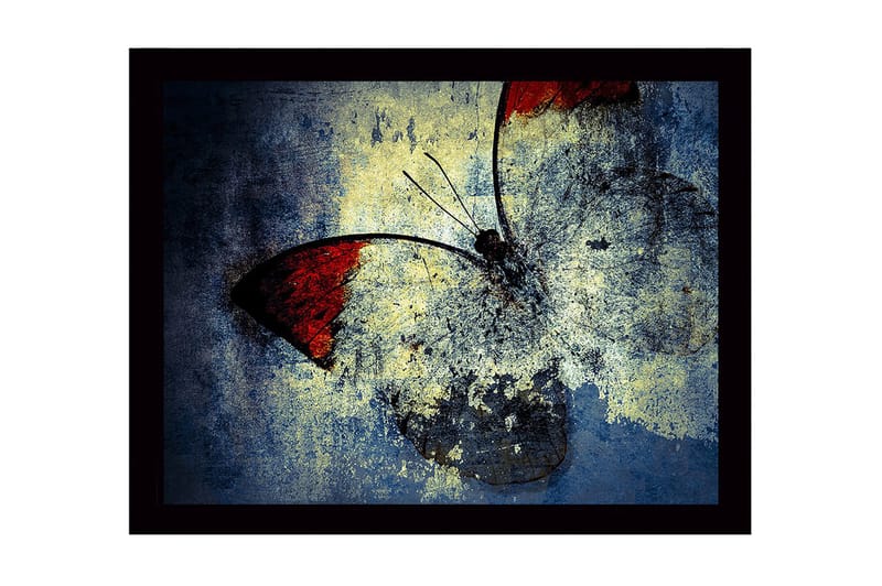 Indrammet lærred i træ - 41x56 cm - Farverig sommerfugl med røde vinger, Rød / Blå / Gul