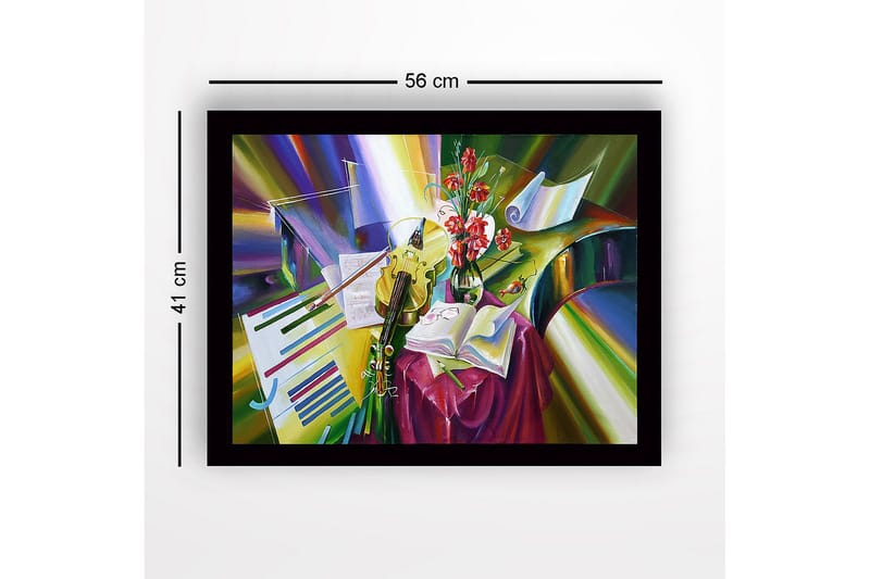 Indrammet lærred i træ - 41x56 cm - Farverig stilhed med instrumenter og blomster - Grøn / Rød / Gul - Boligtilbehør - Billeder & kunst