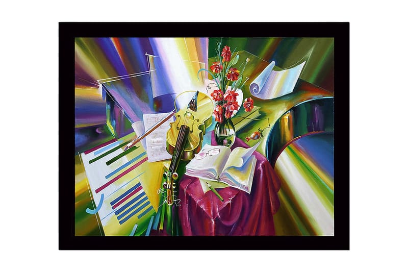 Indrammet lærred i træ - 41x56 cm - Farverig stilhed med instrumenter og blomster, Grøn / Rød / Gul