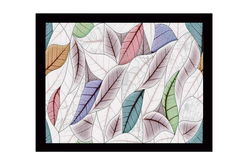 Indrammet lærred i træ - 41x56 cm - Farverige blade i en harmonisk komposition, Grøn / Lyserød / Blå