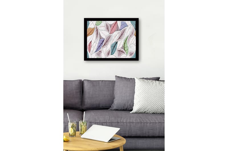 Indrammet lærred i træ - 41x56 cm - Farverige blade i en harmonisk komposition - Grøn / Lyserød / Blå - Boligtilbehør - Billeder & kunst