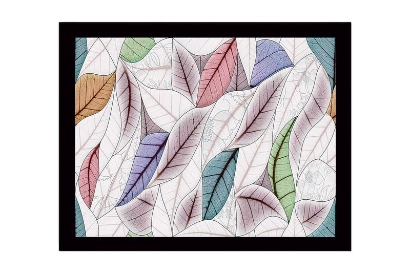 Indrammet lærred i træ - 41x56 cm - Farverige blade i en harmonisk komposition, Grøn / Lyserød / Blå
