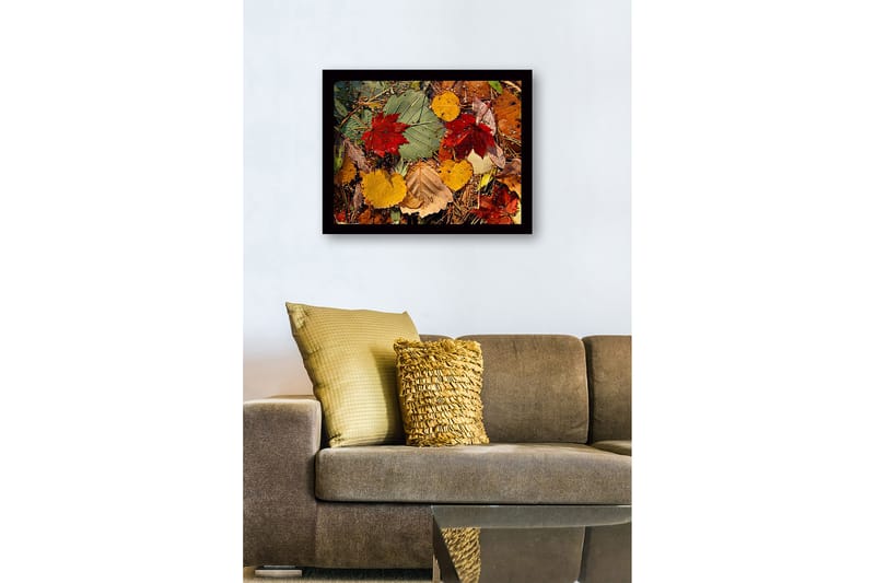 Indrammet lærred i træ - 41x56 cm - Farverige efterårsblade på jorden - Rød / Gul / Grøn - Boligtilbehør - Billeder & kunst