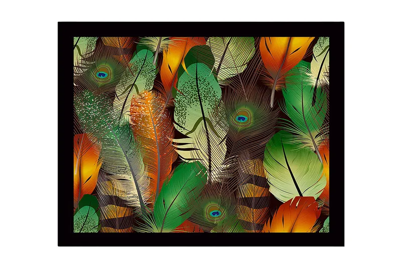 Indrammet lærred i træ - 41x56 cm - Farverige fjer i en livlig komposition, Grøn / Orange / Gul