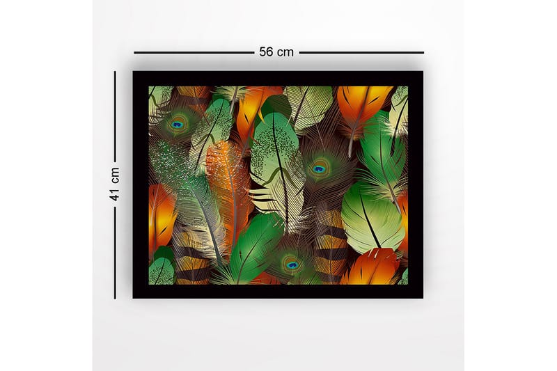 Indrammet lærred i træ - 41x56 cm - Farverige fjer i en livlig komposition - Grøn / Orange / Gul - Boligtilbehør - Billeder & kunst