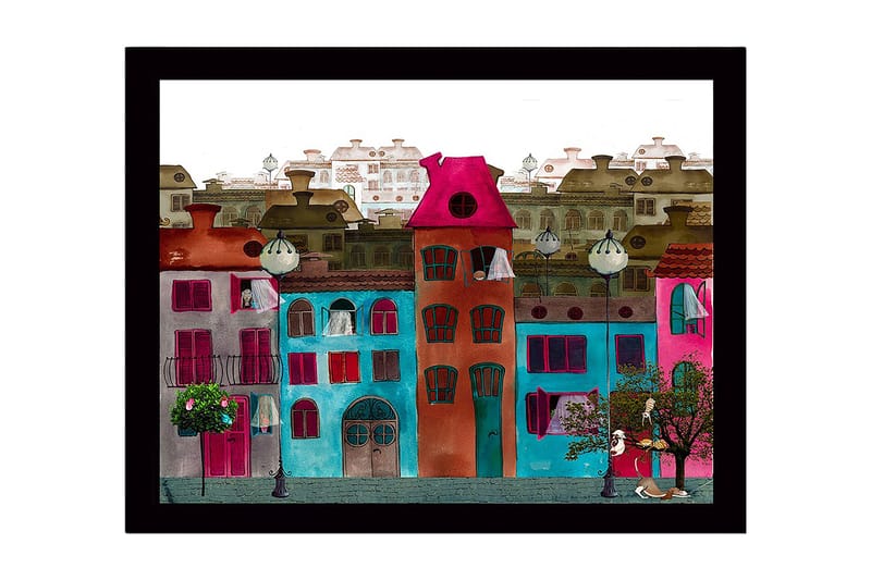 Indrammet lærred i træ - 41x56 cm - Farverige huse i et bymiljø, Lyserød / Turkis / Rød