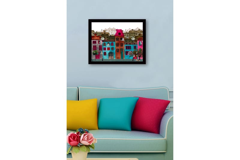 Indrammet lærred i træ - 41x56 cm - Farverige huse i et bymiljø - Lyserød / Turkis / Rød - Boligtilbehør - Billeder & kunst