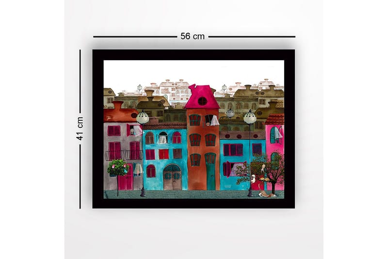 Indrammet lærred i træ - 41x56 cm - Farverige huse i et bymiljø - Lyserød / Turkis / Rød - Boligtilbehør - Billeder & kunst