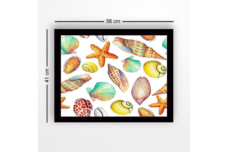 Indrammet lærred i træ - 41x56 cm - Farverige skaller og søstjerner i en legende komposition - Gul / Orange / Grøn - Boligtilbehør - Billeder & kunst