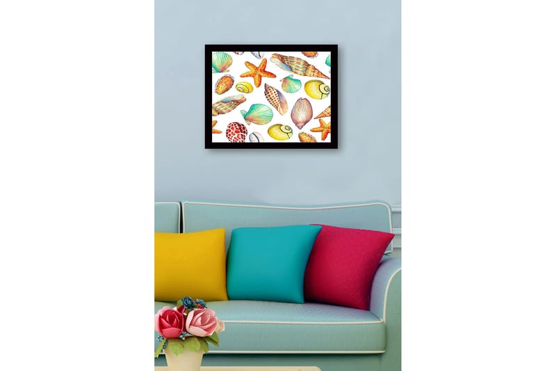 Indrammet lærred i træ - 41x56 cm - Farverige skaller og søstjerner i en legende komposition - Gul / Orange / Grøn - Boligtilbehør - Billeder & kunst