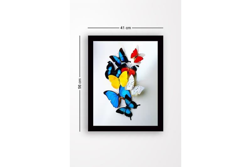 Indrammet lærred i træ - 41x56 cm - Farverige sommerfugle i en dynamisk komposition - Blå / Gul / Rød - Boligtilbehør - Billeder & kunst