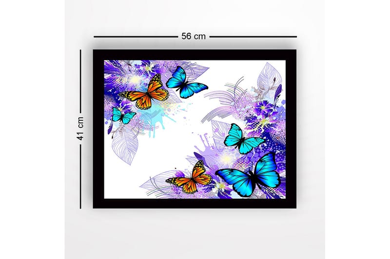 Indrammet lærred i træ - 41x56 cm - Farverige sommerfugle i en livlig komposition - Blå / Orange / Lilla - Boligtilbehør - Billeder & kunst