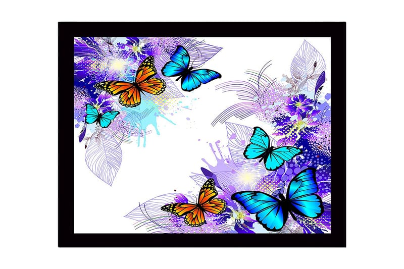 Indrammet lærred i træ - 41x56 cm - Farverige sommerfugle i en livlig komposition, Blå / Orange / Lilla