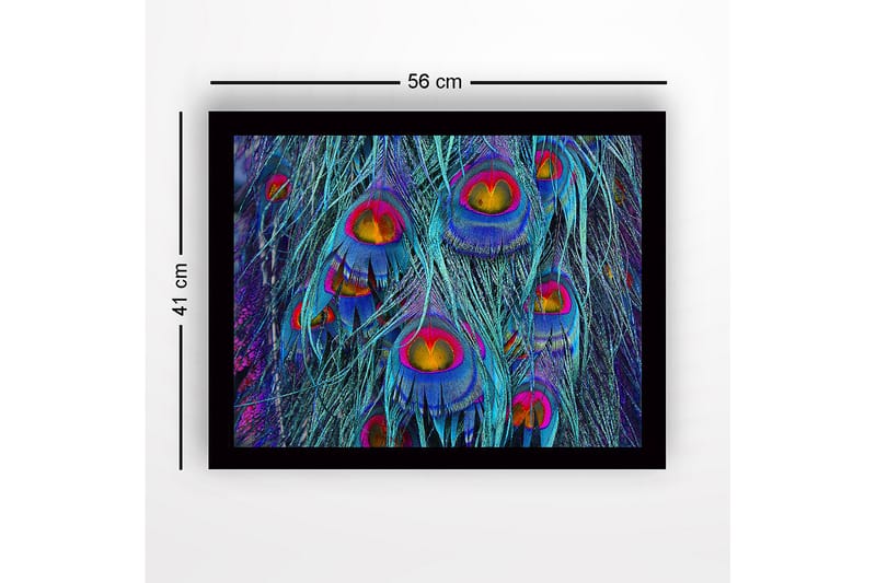 Indrammet lærred i træ - 41x56 cm - Farverige påfuglefjer i en abstrakt komposition - Turkis / Lilla / Guld - Boligtilbehør - Billeder & kunst