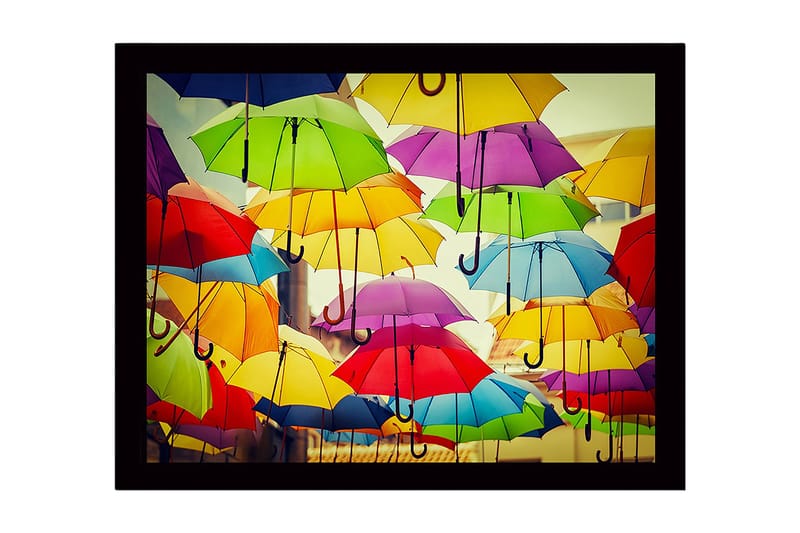 Indrammet lærred i træ - 41x56 cm - Farverige paraplyer svæver over et bymiljø, Gul / Grøn / Rød
