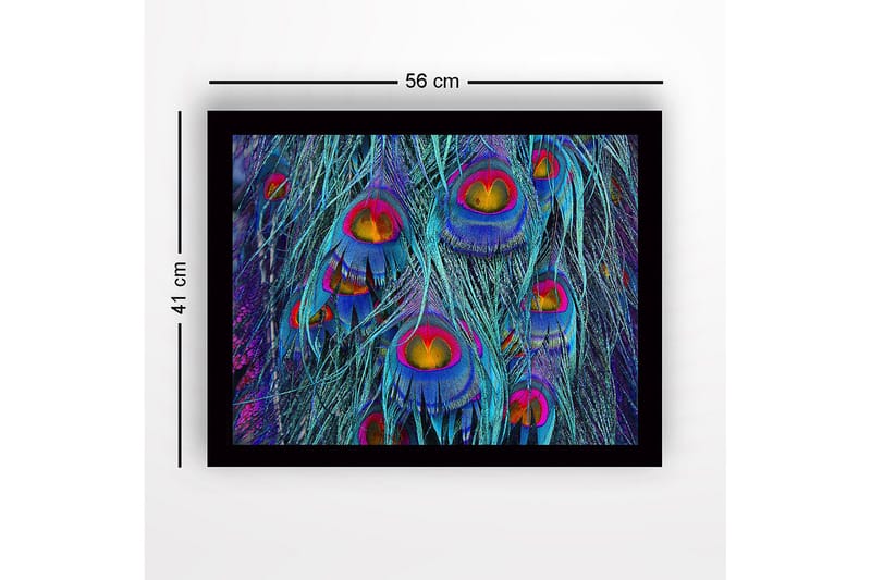 Indrammet lærred i træ - 41x56 cm - Farverige påfuglefjer i en abstrakt komposition - Turkis / Lilla / Guld - Boligtilbehør - Billeder & kunst