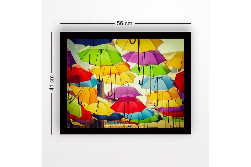Indrammet lærred i træ - 41x56 cm - Farverige paraplyer svæver over et bymiljø - Gul / Grøn / Rød - Boligtilbehør - Billeder & kunst