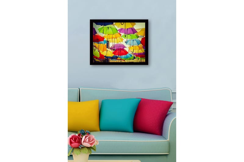 Indrammet lærred i træ - 41x56 cm - Farverige paraplyer svæver over et bymiljø - Gul / Grøn / Rød - Boligtilbehør - Billeder & kunst