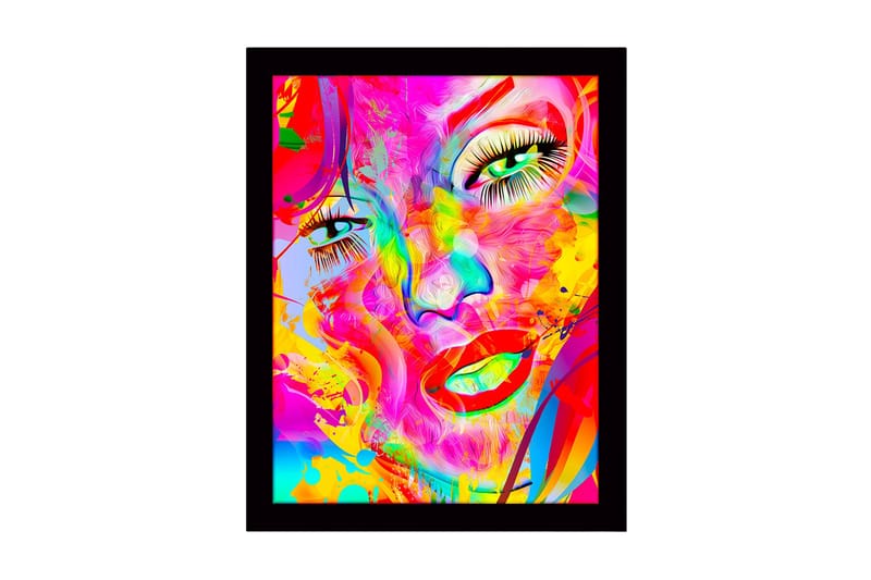 Indrammet lærred i træ - 41x56 cm - Farverigt ansigtsportræt med abstrakte elementer, Lyserød / Gul / Grøn