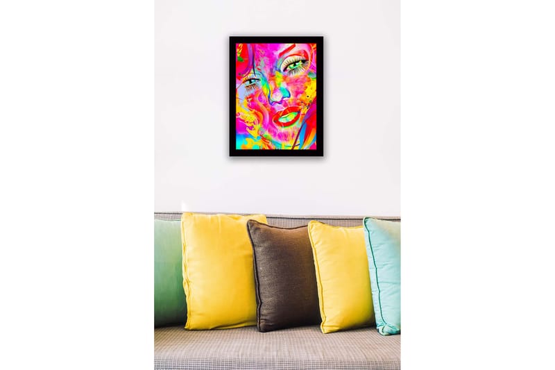 Indrammet lærred i træ - 41x56 cm - Farverigt ansigtsportræt med abstrakte elementer - Lyserød / Gul / Grøn - Boligtilbehør - Billeder & kunst