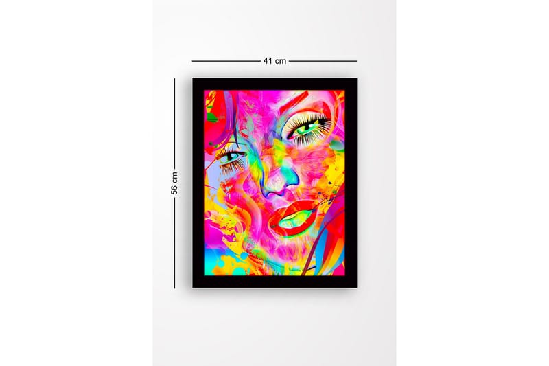 Indrammet lærred i træ - 41x56 cm - Farverigt ansigtsportræt med abstrakte elementer - Lyserød / Gul / Grøn - Boligtilbehør - Billeder & kunst