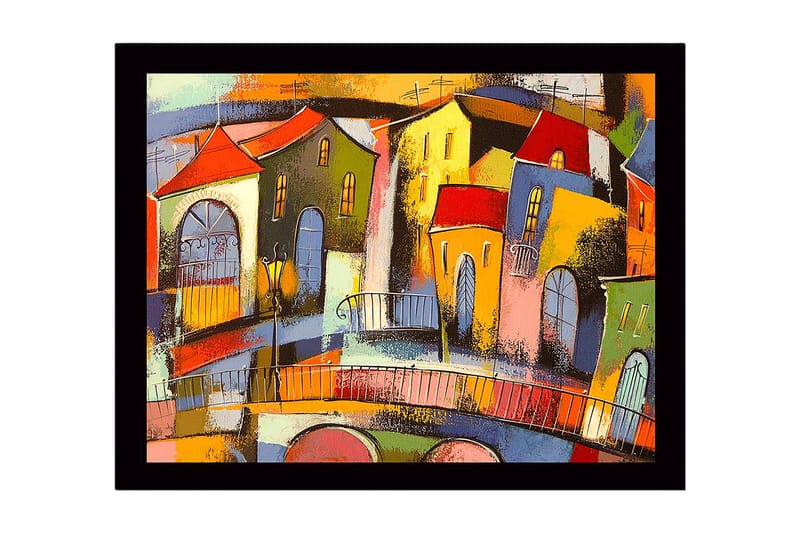 Indrammet lærred i træ - 41x56 cm - Farverigt bybillede med skrå huse og broer - Rød / Grøn / Gul - Boligtilbehør - Billeder & kunst