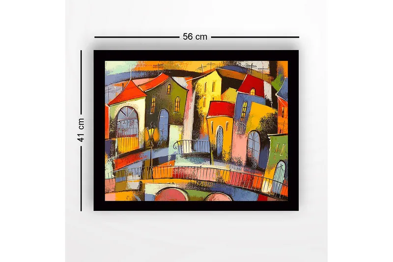 Indrammet lærred i træ - 41x56 cm - Farverigt bybillede med skrå huse og broer - Rød / Grøn / Gul - Boligtilbehør - Billeder & kunst