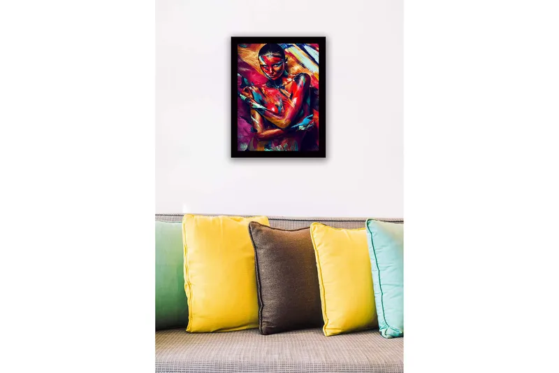 Indrammet lærred i træ - 41x56 cm - Farverigt kropsmaleri af en kvinde, der udtrykker følelser gennem bevægelse og farve - Rød / Blå / Gul - Boligtilbehør - Billeder & kunst